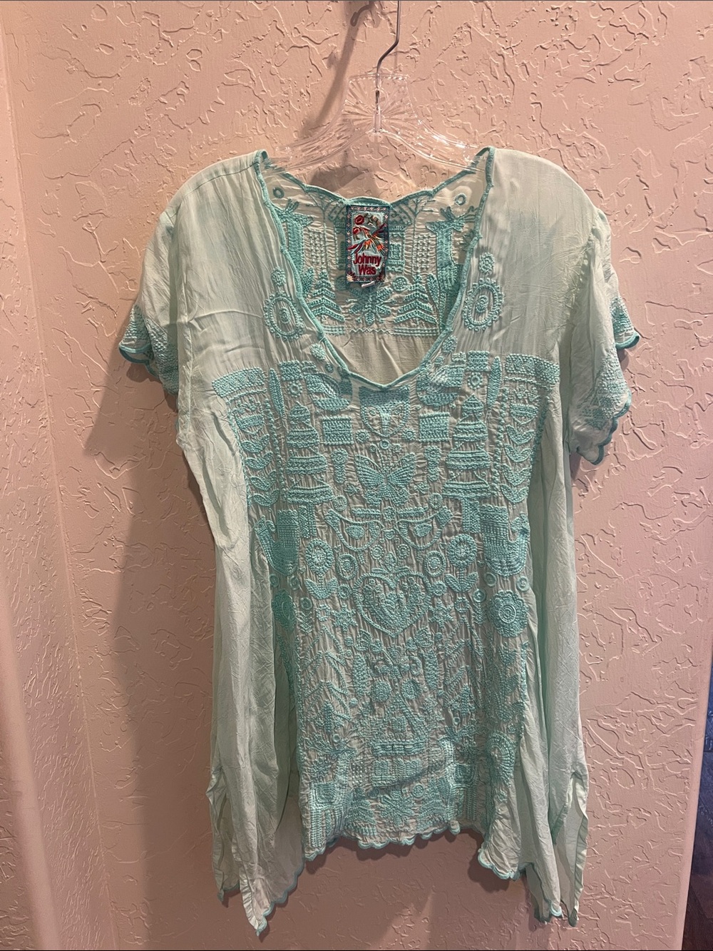 Johnny Was Boho Embroidered Mint Green Women's Tunic Top
